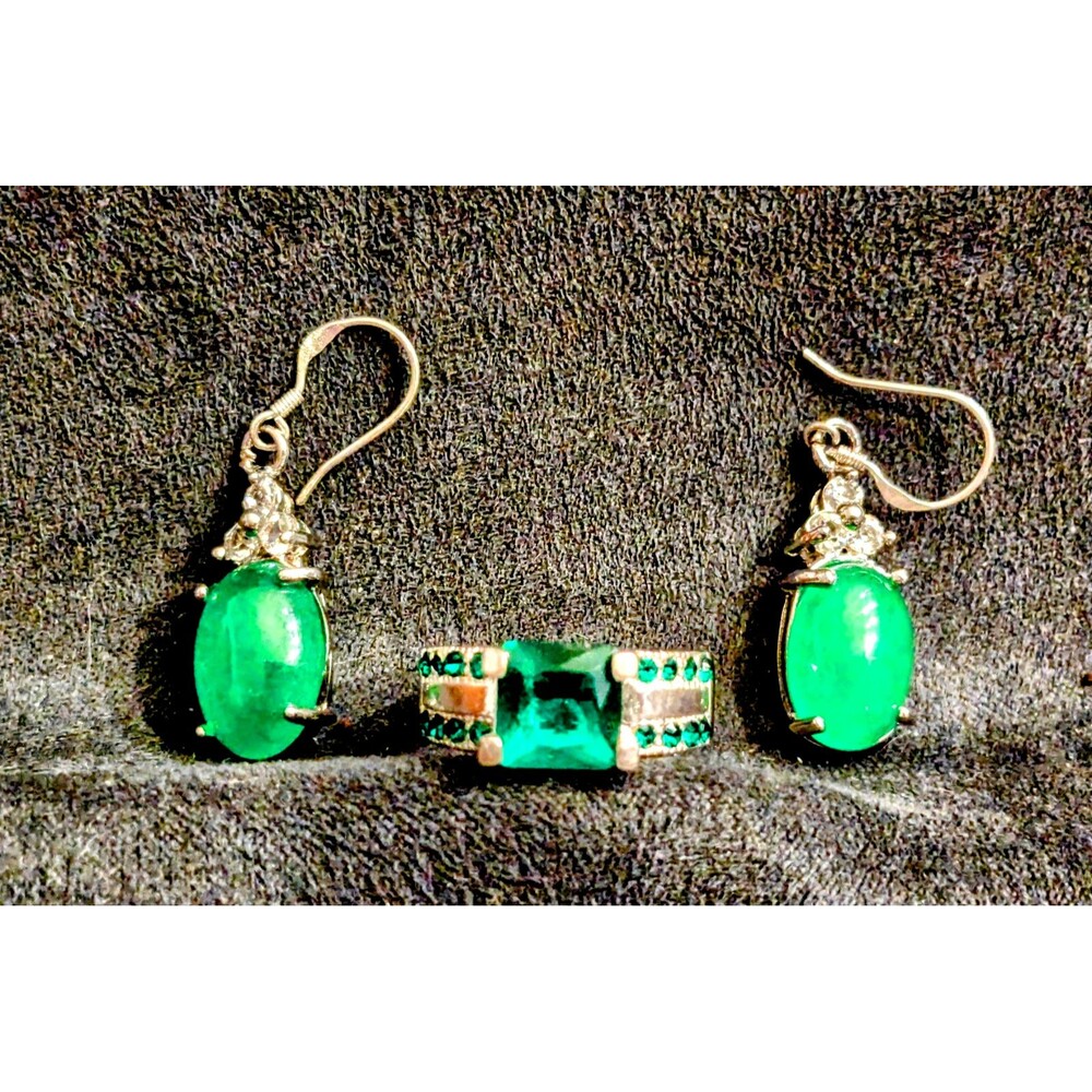 Green Sapphire w/Rhinestones 5.5 Ring+2 Jade Dangle Earring Jewelry Set New